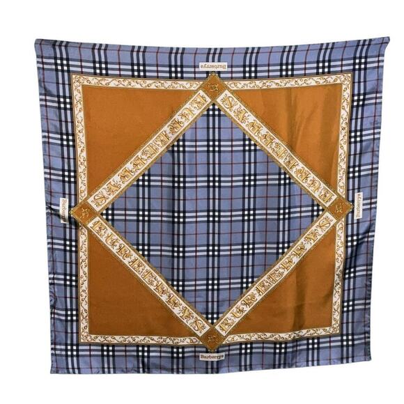 BURBERRYS PRORSUM Logo Blue x Brown Silk Scarf - Picture 2 of 16
